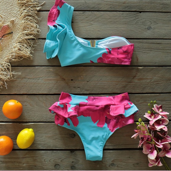 Pink and Blue Floral Ruffle Swimsuit - Picture 4 of 8